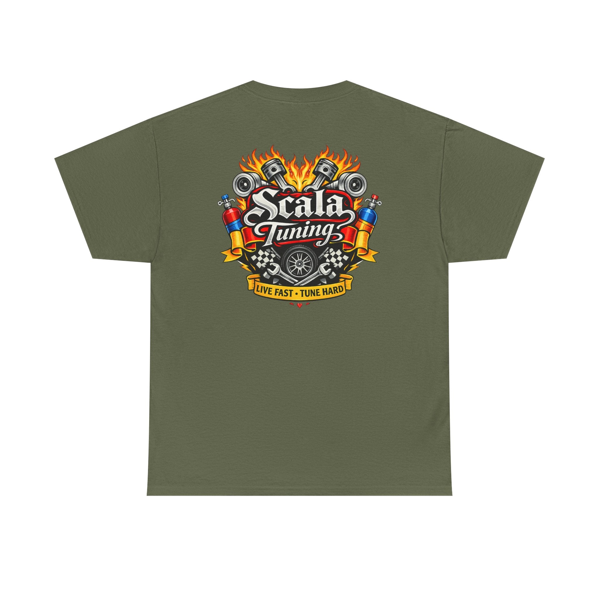 T-Shirt — Scala Tuning Crest Graphic Tee (Vintage Motor & Flames)