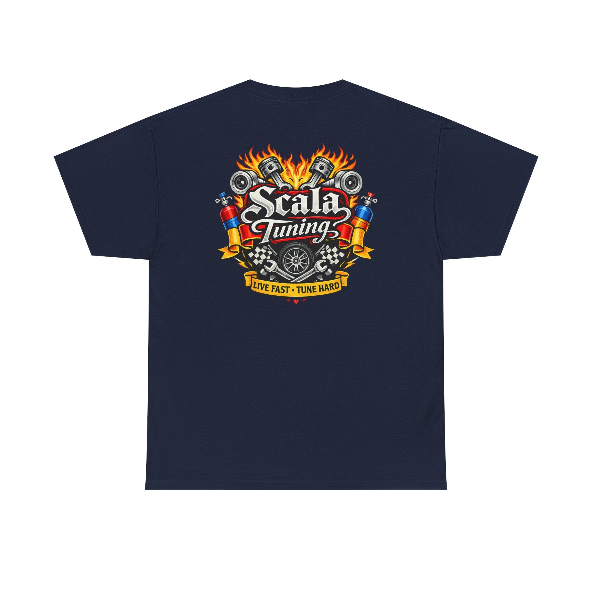 T-Shirt — Scala Tuning Crest Graphic Tee (Vintage Motor & Flames)